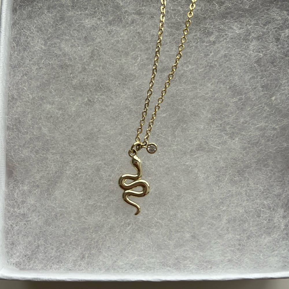 Gold plated snake charm necklace, 16”